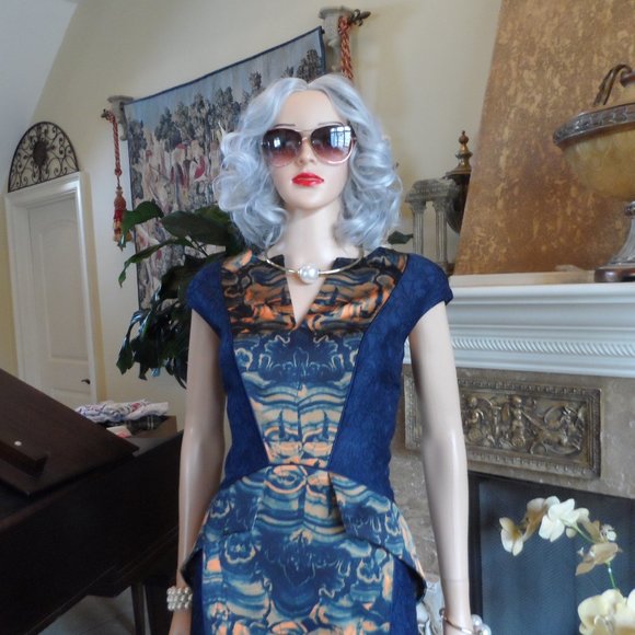 New Fotini Navy Blue Lace Dress w/Orange-Blue Abstract Print Inserts Size 8 - Picture 10 of 16